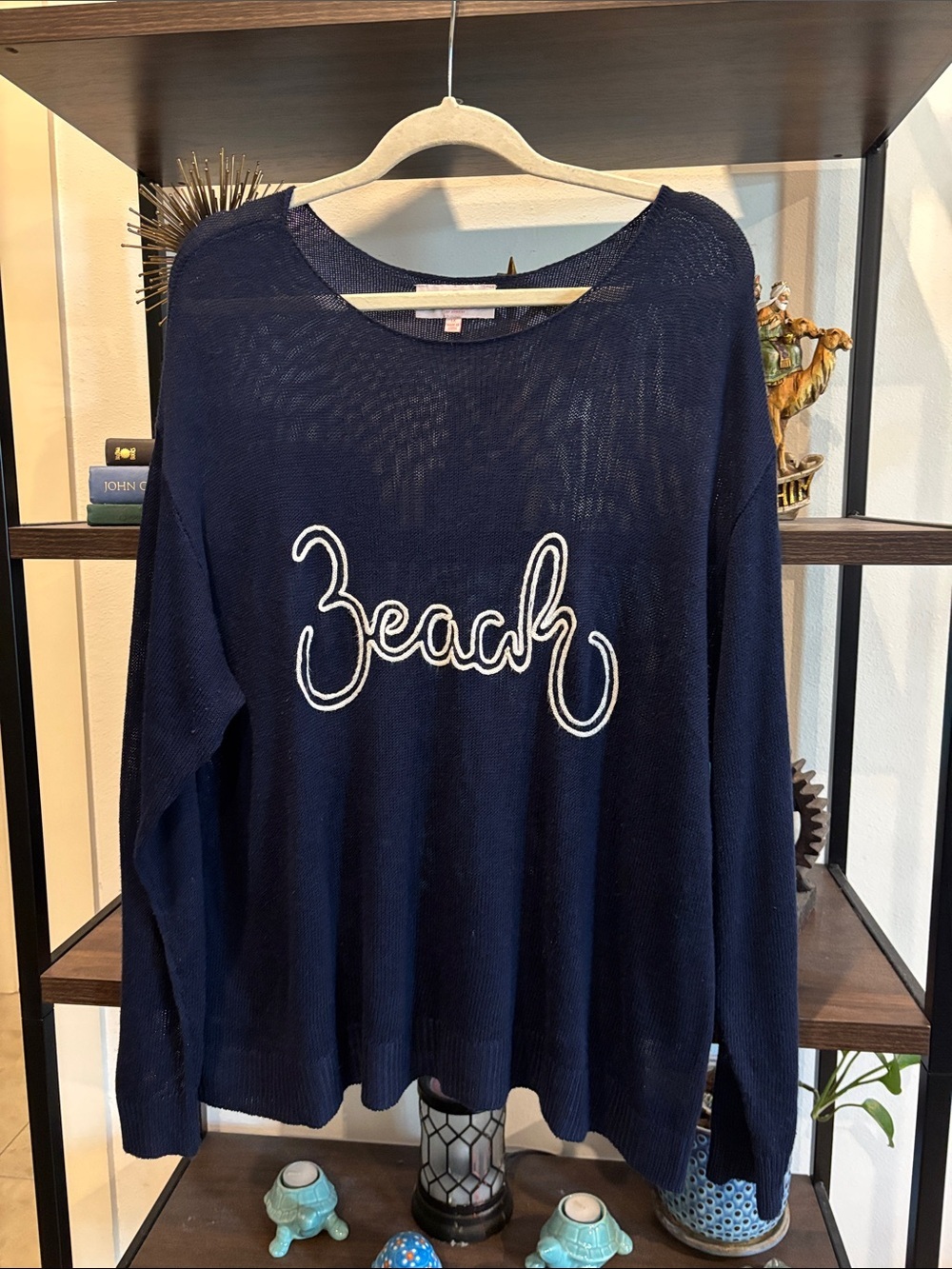 Laurie Felt Navy White Linen Blend Beach Knit Top Coverup 1X